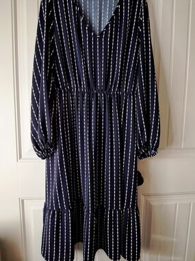 Amazon Navy and White Vertical Stripe Long Sleeve Midi Dress